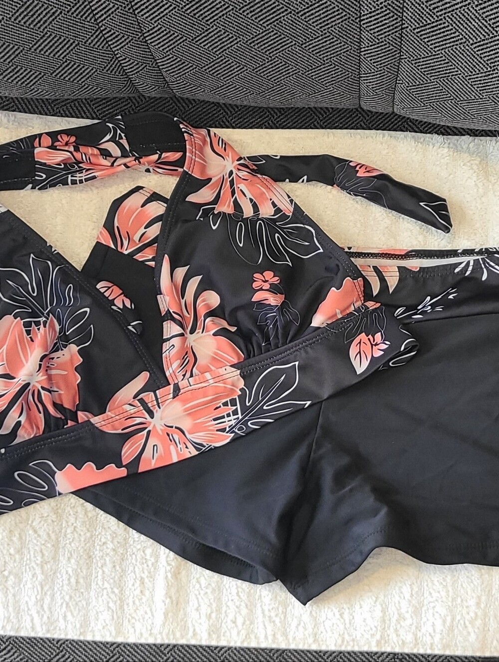 Source Unknown Black Bikini with Coral Floral Print